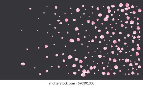 Realistic vector rose petals confetti flying. Pink rose petals falling down. Tender romantic floral decoration. 3d petal shower isolated. Wedding, valentine, birthday or natural cosmetics background.