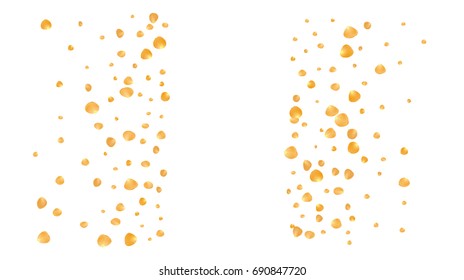 Realistic vector rose petals confetti flying. Yellow rose petals falling down. Tender romantic floral decoration. 3d petal shower isolated. Wedding, valentine, birthday or natural cosmetics background