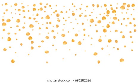 Realistic vector rose petals confetti flying. Yellow rose petals falling down. Tender romantic floral decoration. 3d petal shower isolated. Wedding, valentine, birthday or natural cosmetics background