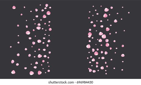 Realistic vector rose petals confetti flying. Pink rose petals falling down. Tender romantic floral decoration. 3d petal shower isolated. Wedding, valentine, birthday or natural cosmetics background.