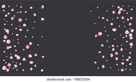 Realistic vector rose petals confetti flying. Pink rose petals falling down. Tender romantic floral decoration. 3d petal shower isolated. Wedding, valentine, birthday or natural cosmetics background.