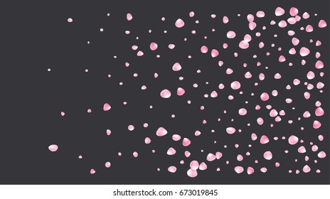 Realistic vector rose petals falling down. Pink rose petals confetti. Tender romantic floral decoration. 3d petal shower isolated on grey. Wedding, valentine, birthday or natural cosmetics background