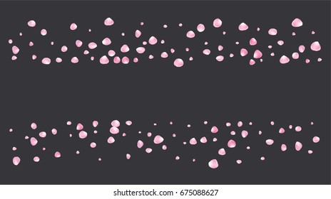 Realistic vector rose petals falling down. Pink rose petals confetti. Tender romantic floral decoration. 3d petal shower isolated on grey. Wedding, valentine, birthday or natural cosmetics background