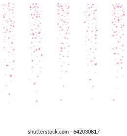 Realistic vector rose petals stripes falling down isolated on white. Pink rose petals confetti shower. Tender romantic floral decoration. Wedding, valentine, birthday or natural cosmetics background