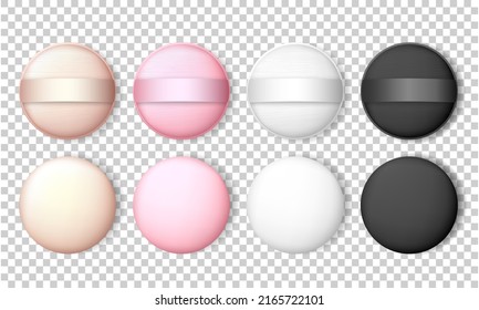 Esponjas de maquillaje redondeadas vectoriales realistas para polvo compacto, cojín de cimiento. Embutidos beige, rosa, blanco y negro.  Cama de artículos cosméticos vista superior