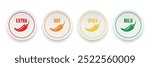 Realistic Vector Round Stickers with Spicy Chili Pepper Icon, Food Spicy Level. Red, Orange, Yellow, Green Jalapeno Pepper Strength Scale Sticker Indicators with Mild, Spicy, Hot and Extra Positions