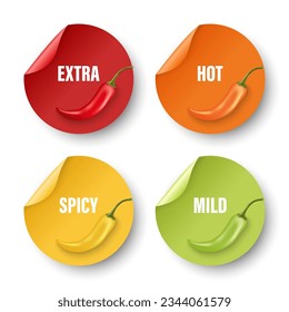 Realistic Vector Round Stickers with Spicy Chili Pepper Levels. Red Jalapeno Pepper Strength Scale Indicator with Mild, Spicy, Hot and Extra Positions