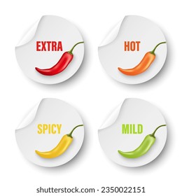 Realistic Vector Round Stickers with Spicy Chili Pepper Levels. Red, Orange, Yellow, Green Jalapeno Pepper Strength Scale Sticker Indicators with Mild, Spicy, Hot and Extra Positions