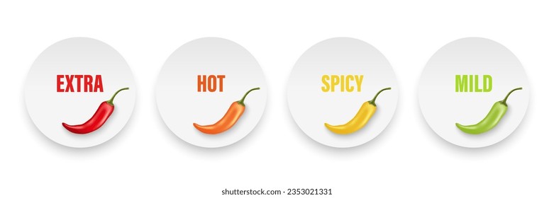 Realistic Vector Round Stickers with Spicy Chili Pepper Levels. Red, Orange, Yellow, Green Jalapeno Pepper Strength Scale Sticker Indicators with Mild, Spicy, Hot and Extra Positions