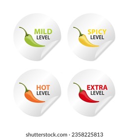 Realistic Vector Round Stickers with Spicy Chili Pepper Levels. Red, Orange, Yellow, Green Jalapeno Pepper Strength Scale Sticker Indicators with Mild, Spicy, Hot and Extra. Vector illustration