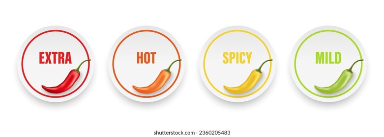 Realistic Vector Round Stickers with Spicy Chili Pepper Levels. Red, Orange, Yellow, Green Jalapeno Pepper Strength Scale Sticker Indicators with Mild, Spicy, Hot and Extra Positions