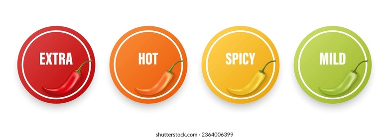 Realistic Vector Round Stickers with Spicy Chili Pepper Levels. Red, Orange, Yellow, Green Jalapeno Pepper Strength Scale Sticker Indicators with Mild, Spicy, Hot and Extra Positions