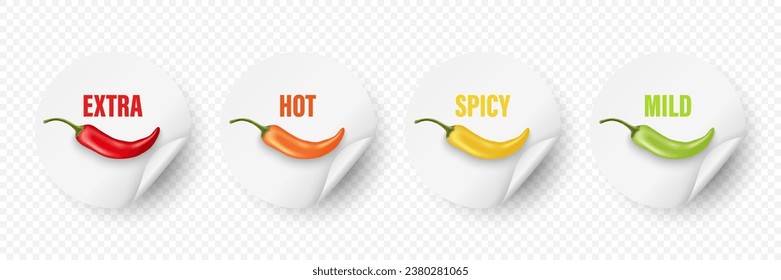 Realistic Vector Round Stickers with Spicy Chili Pepper Levels. Red, Orange, Yellow, Green Jalapeno Pepper Strength Scale Sticker Indicators with Mild, Spicy, Hot and Extra Positions