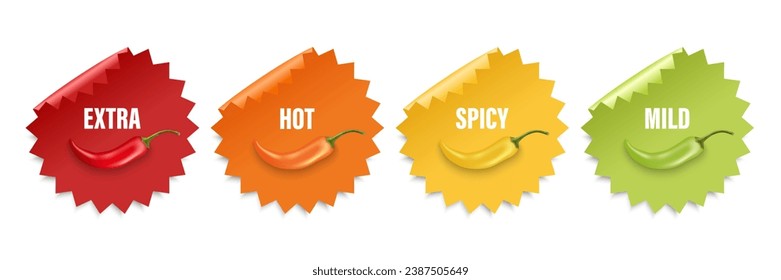 Realistic Vector Round Stickers with Spicy Chili Pepper Levels. Red, Orange, Yellow, Green Jalapeno Pepper Strength Scale Sticker Indicators with Mild, Spicy, Hot and Extra Positions