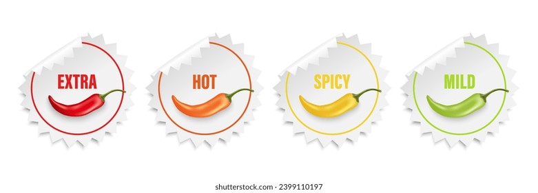 Realistic Vector Round Stickers with Spicy Chili Pepper Levels. Red, Orange, Yellow, Green Jalapeno Pepper Strength Scale Sticker Indicators with Mild, Spicy, Hot and Extra Positions