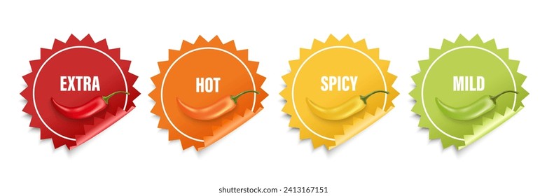 Realistic Vector Round Stickers with Spicy Chili Pepper Levels. Red, Orange, Yellow, Green Jalapeno Pepper Strength Scale Sticker Indicators with Mild, Spicy, Hot and Extra Positions