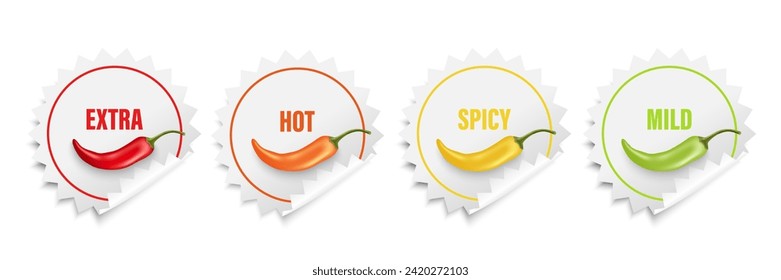 Realistic Vector Round Stickers with Spicy Chili Pepper Levels. Red, Orange, Yellow, Green Jalapeno Pepper Strength Scale Sticker Indicators with Mild, Spicy, Hot and Extra Positions