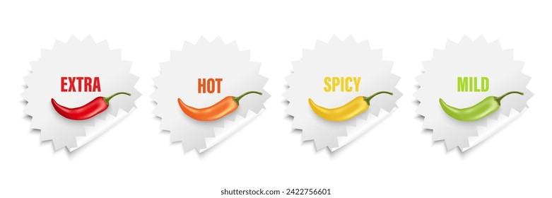 Realistic Vector Round Stickers with Spicy Chili Pepper Levels. Red, Orange, Yellow, Green Jalapeno Pepper Strength Scale Sticker Indicators with Mild, Spicy, Hot and Extra Positions