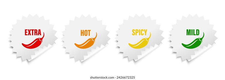 Realistic Vector Round Stickers with Spicy Chili Pepper Levels. Red, Orange, Yellow, Green Jalapeno Pepper Strength Scale Sticker Indicators with Mild, Spicy, Hot and Extra Positions