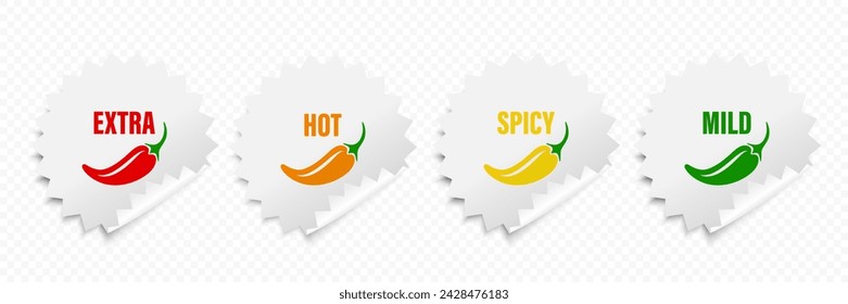 Realistic Vector Round Stickers with Spicy Chili Pepper Levels. Red, Orange, Yellow, Green Jalapeno Pepper Strength Scale Sticker Indicators with Mild, Spicy, Hot and Extra Positions