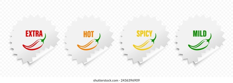 Realistic Vector Round Stickers with Spicy Chili Pepper Levels. Red, Orange, Yellow, Green Jalapeno Pepper Strength Scale Sticker Indicators with Mild, Spicy, Hot and Extra Positions