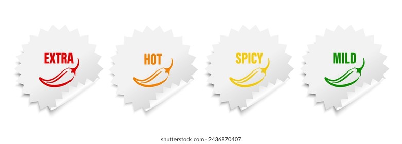 Realistic Vector Round Stickers with Spicy Chili Pepper Icon, Food Spicy Level. Red, Orange, Yellow, Green Jalapeno Pepper Strength Scale Sticker Indicators with Mild, Spicy, Hot and Extra Positions