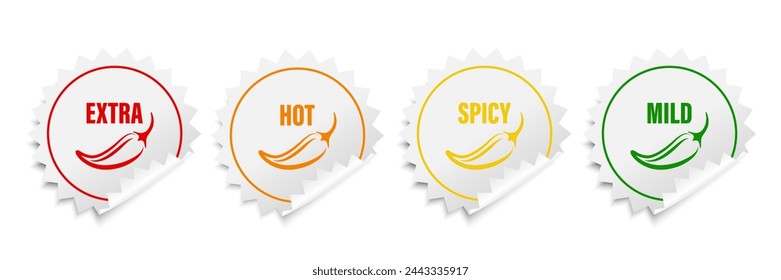 Realistic Vector Round Stickers with Spicy Chili Pepper Icon, Food Spicy Level. Red, Orange, Yellow, Green Jalapeno Pepper Strength Scale Sticker Indicators with Mild, Spicy, Hot and Extra Positions