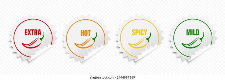 Realistic Vector Round Stickers with Spicy Chili Pepper Icon, Food Spicy Level. Red, Orange, Yellow, Green Jalapeno Pepper Strength Scale Sticker Indicators with Mild, Spicy, Hot and Extra Positions