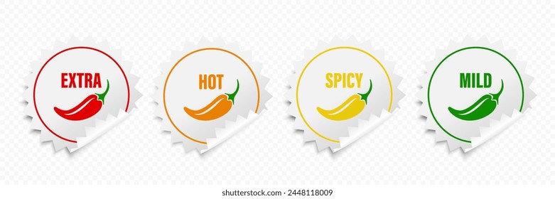 Realistic Vector Round Stickers with Spicy Chili Pepper Icon, Food Spicy Level. Red, Orange, Yellow, Green Jalapeno Pepper Strength Scale Sticker Indicators with Mild, Spicy, Hot and Extra Positions