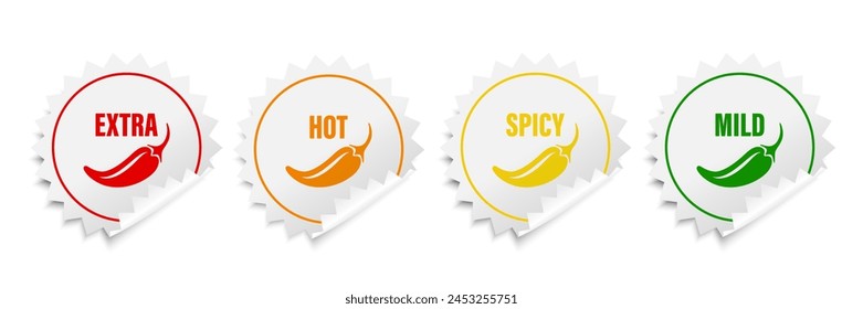 Realistic Vector Round Stickers with Spicy Chili Pepper Icon, Food Spicy Level. Red, Orange, Yellow, Green Jalapeno Pepper Strength Scale Sticker Indicators with Mild, Spicy, Hot and Extra Positions