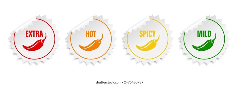 Realistic Vector Round Stickers with Spicy Chili Pepper Icon, Food Spicy Level. Red, Orange, Yellow, Green Jalapeno Pepper Strength Scale Sticker Indicators with Mild, Spicy, Hot and Extra Positions