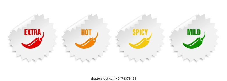 Realistic Vector Round Stickers with Spicy Chili Pepper Icon, Food Spicy Level. Red, Orange, Yellow, Green Jalapeno Pepper Strength Scale Sticker Indicators with Mild, Spicy, Hot and Extra Positions