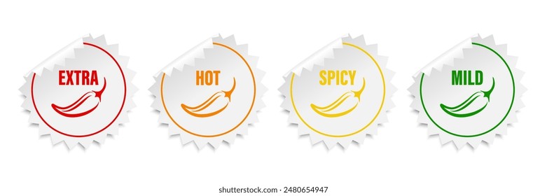 Realistic Vector Round Stickers with Spicy Chili Pepper Icon, Food Spicy Level. Red, Orange, Yellow, Green Jalapeno Pepper Strength Scale Sticker Indicators with Mild, Spicy, Hot and Extra Positions