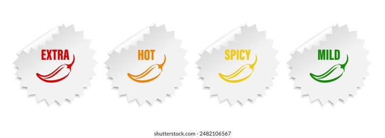 Realistic Vector Round Stickers with Spicy Chili Pepper Icon, Food Spicy Level. Red, Orange, Yellow, Green Jalapeno Pepper Strength Scale Sticker Indicators with Mild, Spicy, Hot and Extra Positions