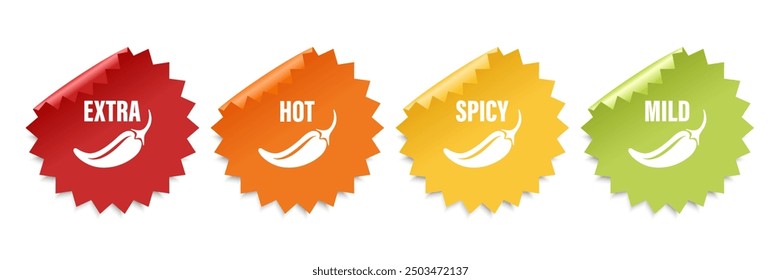 Realistic Vector Round Stickers with Spicy Chili Pepper Icon, Food Spicy Level. Red, Orange, Yellow, Green Jalapeno Pepper Strength Scale Sticker Indicators with Mild, Spicy, Hot and Extra Positions