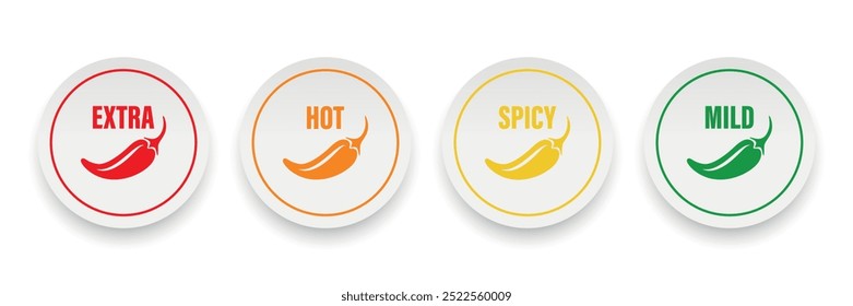 Realistic Vector Round Stickers with Spicy Chili Pepper Icon, Food Spicy Level. Red, Orange, Yellow, Green Jalapeno Pepper Strength Scale Sticker Indicators with Mild, Spicy, Hot and Extra Positions