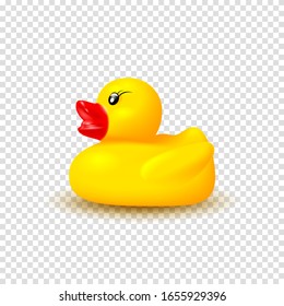 Realistic vector rubber duck. Vector illustration with 3d rubber duck isolated on checkered background. Realistic yellow kid toy.