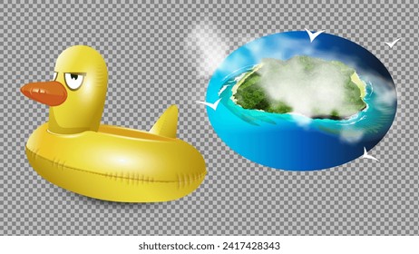 Pato de goma vectorial realista. Ilustración vectorial con pato de goma 3d aislado en el fondo a cuadros. Juguete infantil amarillo realista.