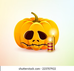 Realistic vector sad Halloween pumpkin with a carved face of it. Unhappy, Autumn. Icon Image Picture Illustration Printed material Logo 