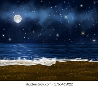 Realistic Vector Sand Beach With Twinkle Pebbles At Night. Vector Coast Under The Starry Sky With Moon Shining On It. Empty Sea Shore Washed By Waves With Foam For Your Project And Disign.