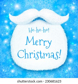 Realistic vector Santa's beard with Merry Christmas sign on blue snowy background