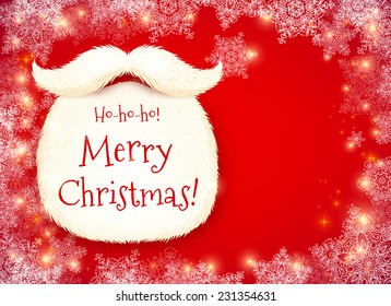 Realistic vector Santa's beard with Merry Christmas sign on red snowy background