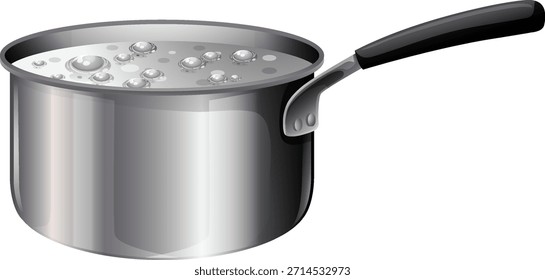 Realistic vector saucepan with boiling water, metallic shine, side view, isolated on white background
