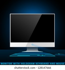 Realistic vector screen with hologram keyboard and mouse. Graphic Design Editable For Your Design.