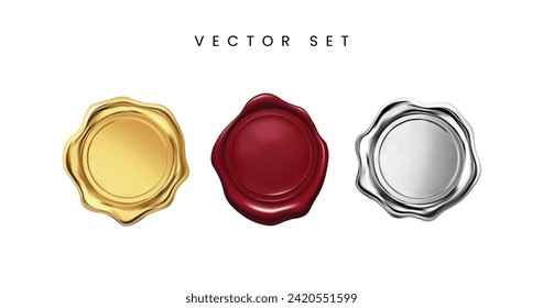 Realistic vector seal wax set. Gold, red and silver wax seal set.