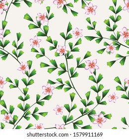 Realistic vector seamless illustration green branch with white violet flowers plumeria frangipani on white background. Floral elegance repeating pattern jungle leaf and tropic flowers exotic wallpaper