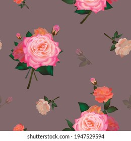 Realistic Vector Seamless Pattern with Pink Roses and Bouquets on Dark Background. For Print, Textile design. Invitation, card.
