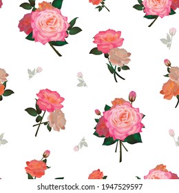 Realistic Vector Seamless Pattern with Pink Roses and Bouquets on Transparent Background. For Print, Textile design. Invitation, card.