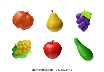 Conjunto de Vector realista con Imagen 3D de calabaza, maíz, manzana, calabaza, uvas y peras. Incluye iconos de frutas y verduras frescas, para temas de salud