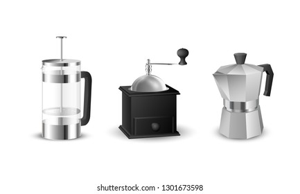 Realistic vector set of beautiful italian aluminium coffee mocca kettle, french press coffee maker and a black vintage coffee grinder on white background.